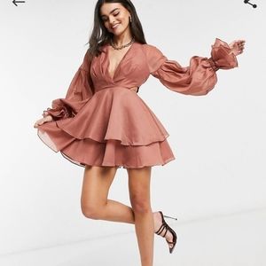 ASOS Design Pleated Mini Dress with Blouson Sleeve and cut detailing